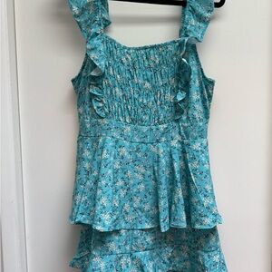 Floral Blue Ruffle Romper Dress